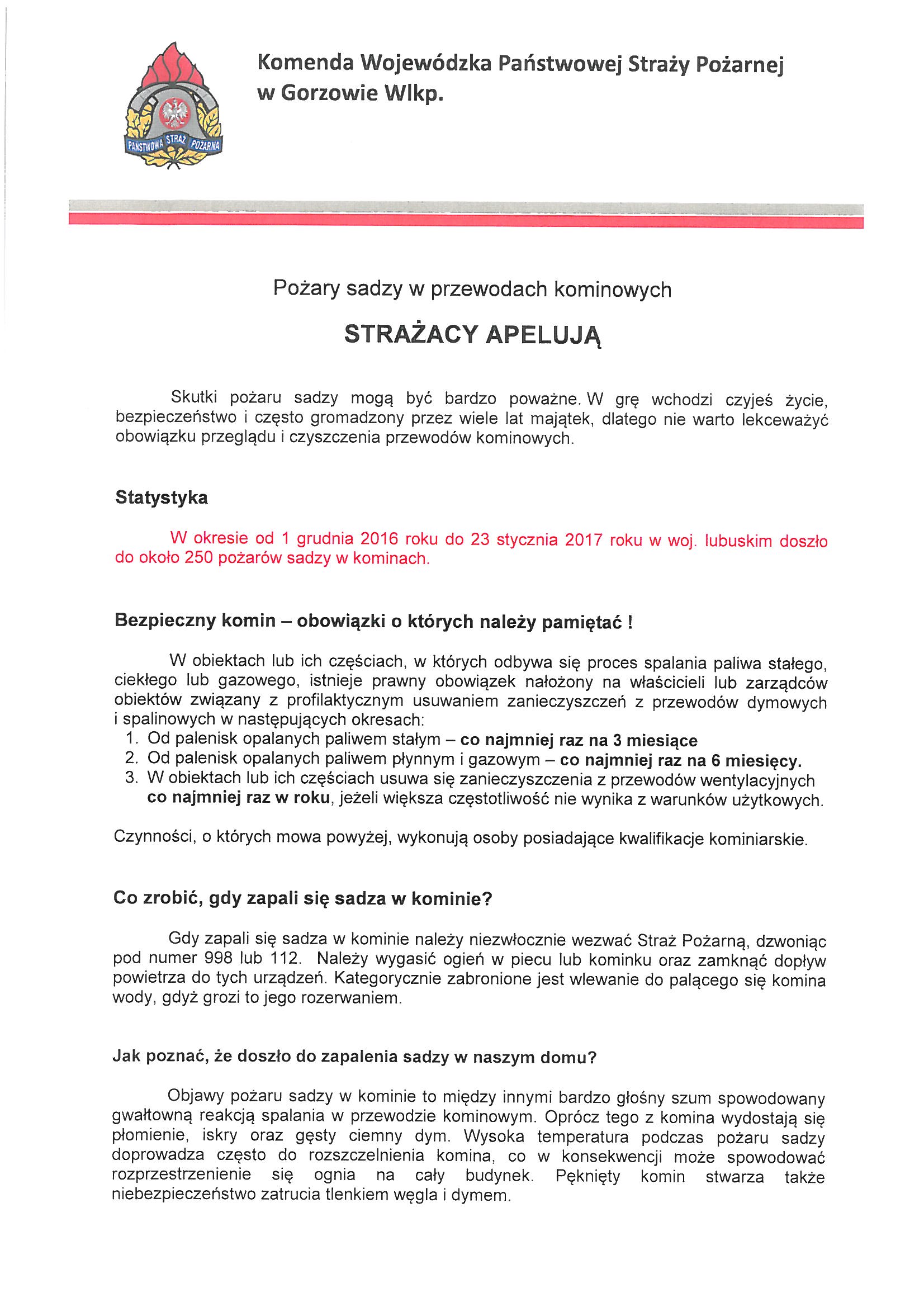 Ilustracja do informacji: Pożary sadzy w kominie - apel do mieszkańców - KP PSP w Słubicach
